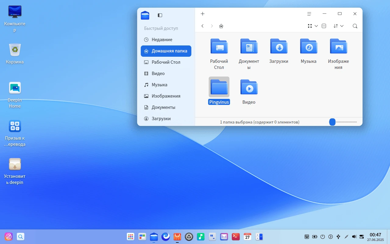 Gerenciador de arquivos do deepin mostrando a pasta pessoal