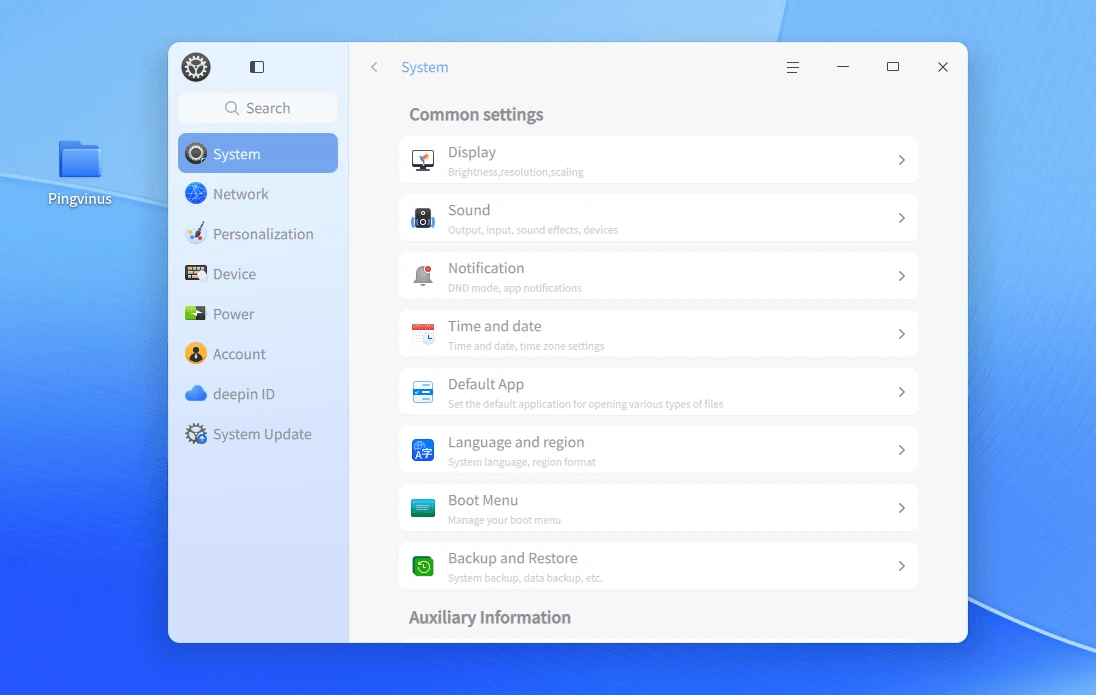 Central de controle do deepin com as configurações do sistema